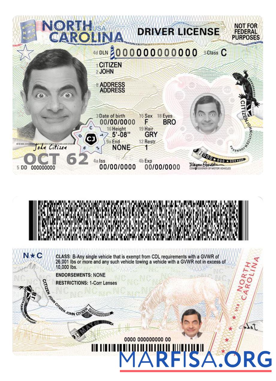 Downloadable USA North Carolina driving license 2024 present template